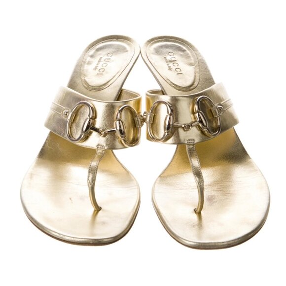 IOB AUTHd Gucci Gold Nappa Silk GG Marmont KittenHeelSandal Horsebit Gld Leather - Picture 1 of 14